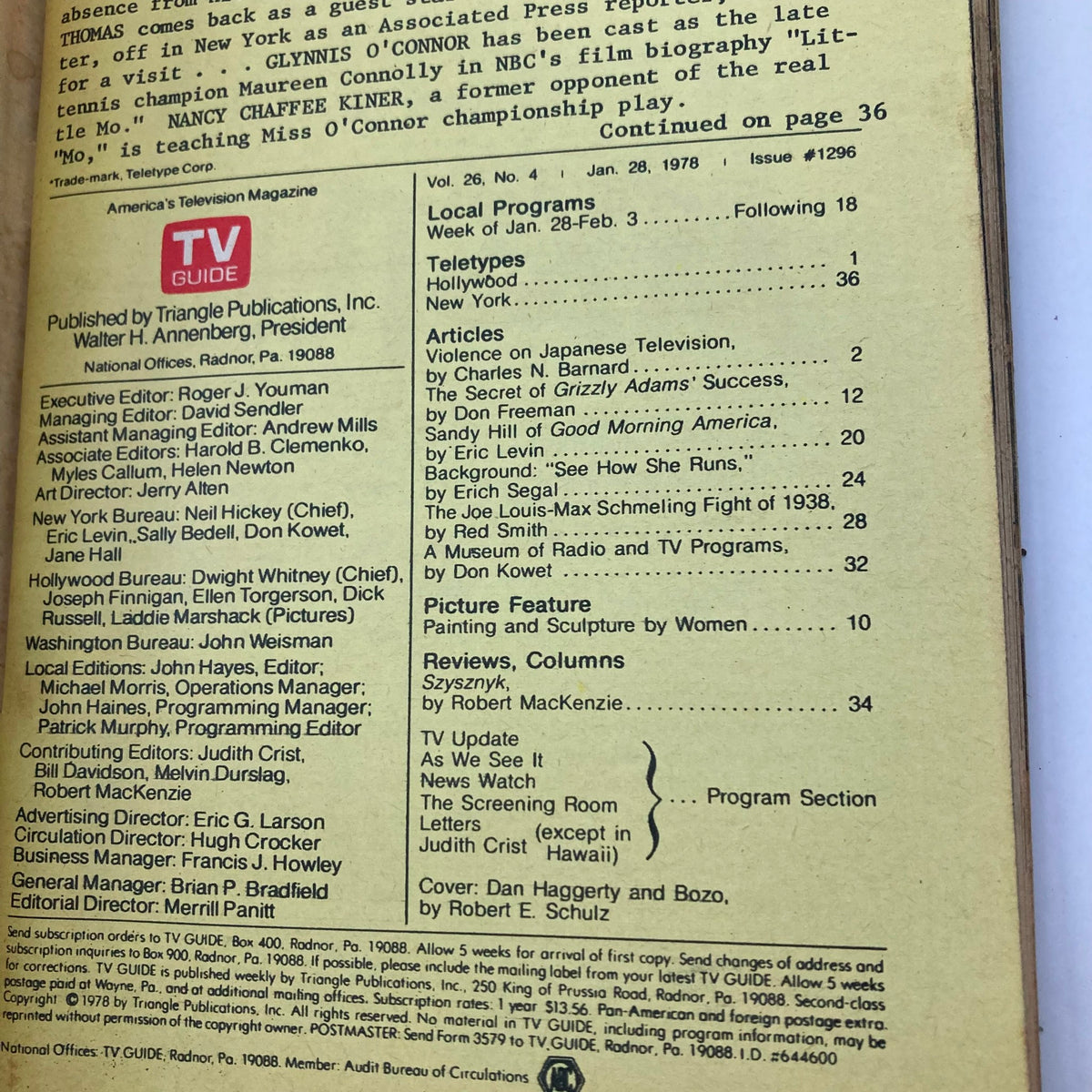 Inside page of TV Guide Magazine January 28 1978 illustrating table of contents and featuring articles on television history.