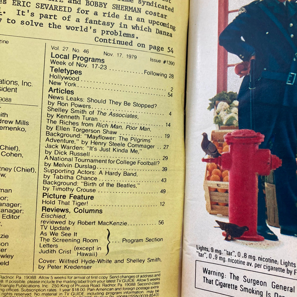 Inside page of TV Guide Magazine November 17, 1979, issue number 1390, featuring a list of articles and local programs.