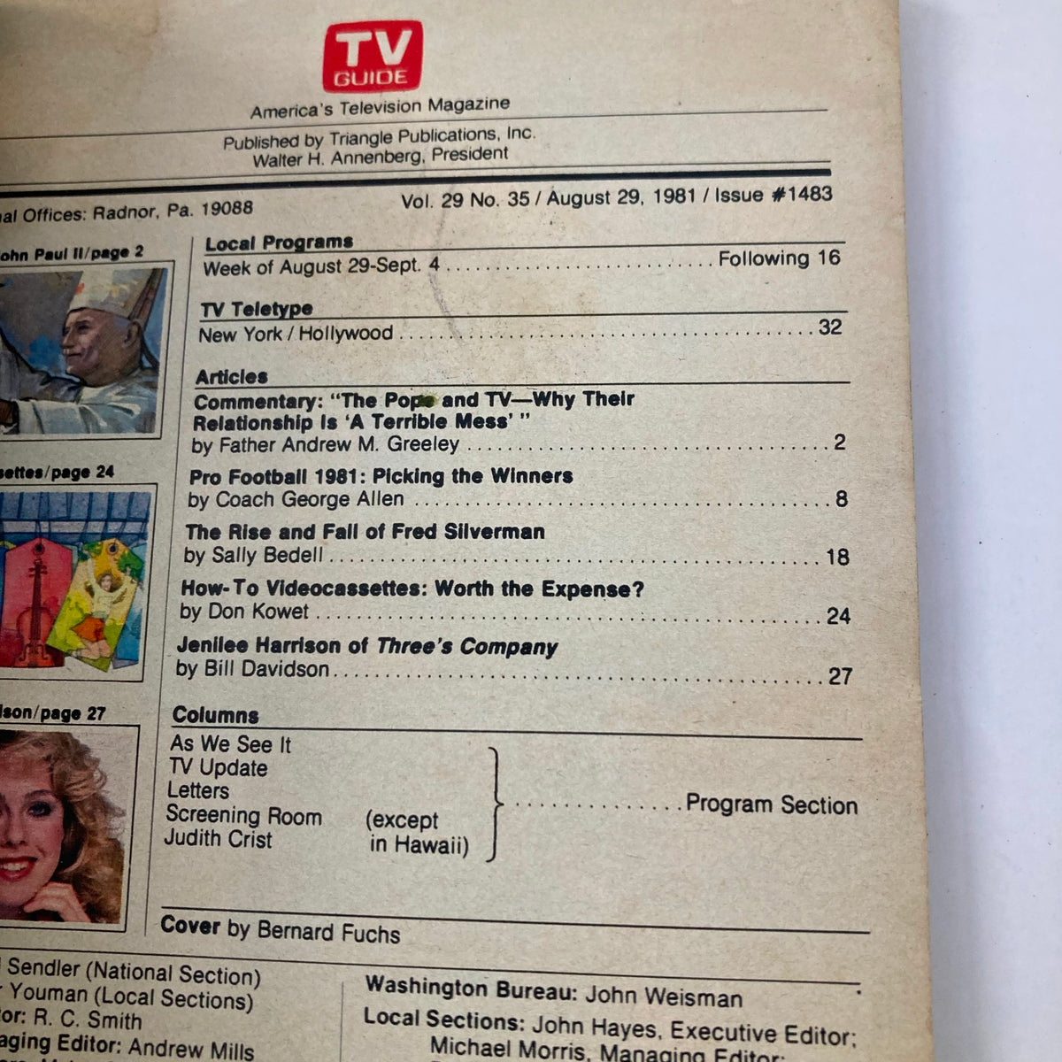 TV Guide Magazine cover from August 29, 1981, Issue #1483 featuring articles and local programs, including commentary on Pope and TV, Pro Football 1981 predictions, and more.