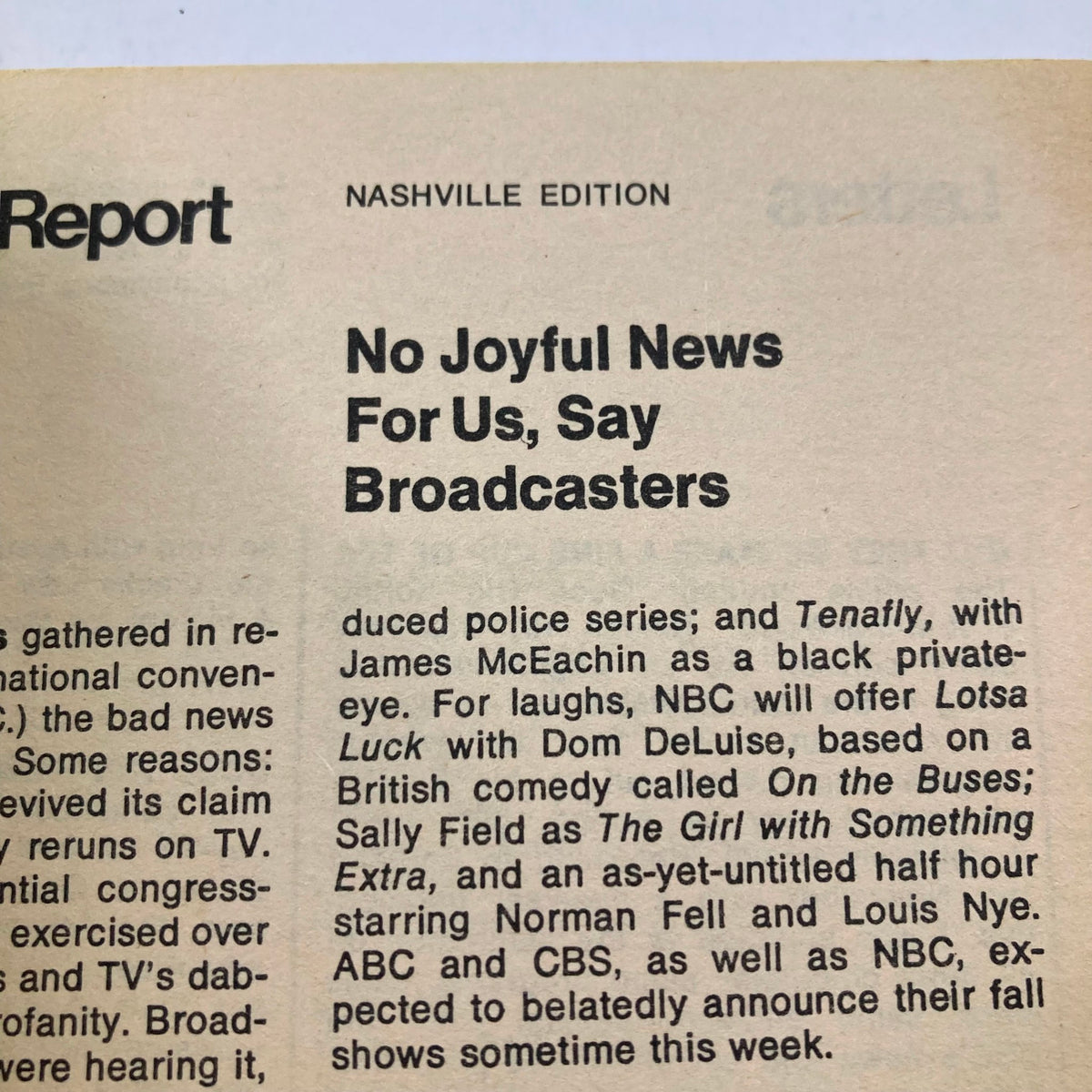 Nashville edition of TV Guide Magazine April 7 1973 #545 displaying a section titled 'No Joyful News For Us, Say Broadcasters', discussing TV programming news.