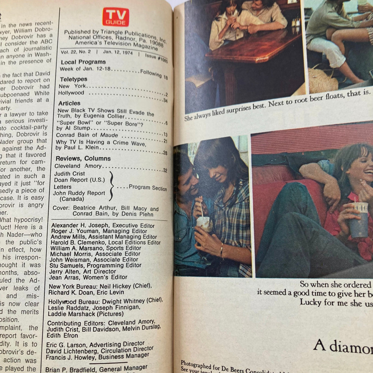Inside page of TV Guide Magazine January 12 1974 #1085 displaying articles and listings, including a report on crime-themed television programs amidst nostalgic imagery.