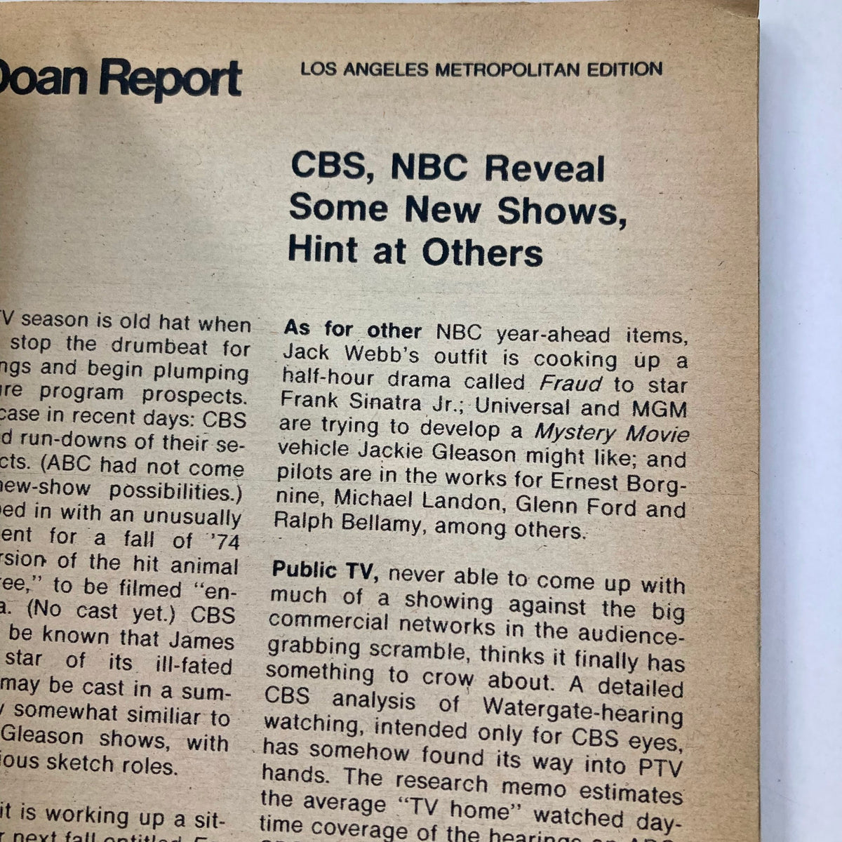 Another inside page from TV Guide Magazine January 12 1974 #1085 featuring the Doan Report discussing CBS and NBC's new shows, reflecting the television industry's evolution.