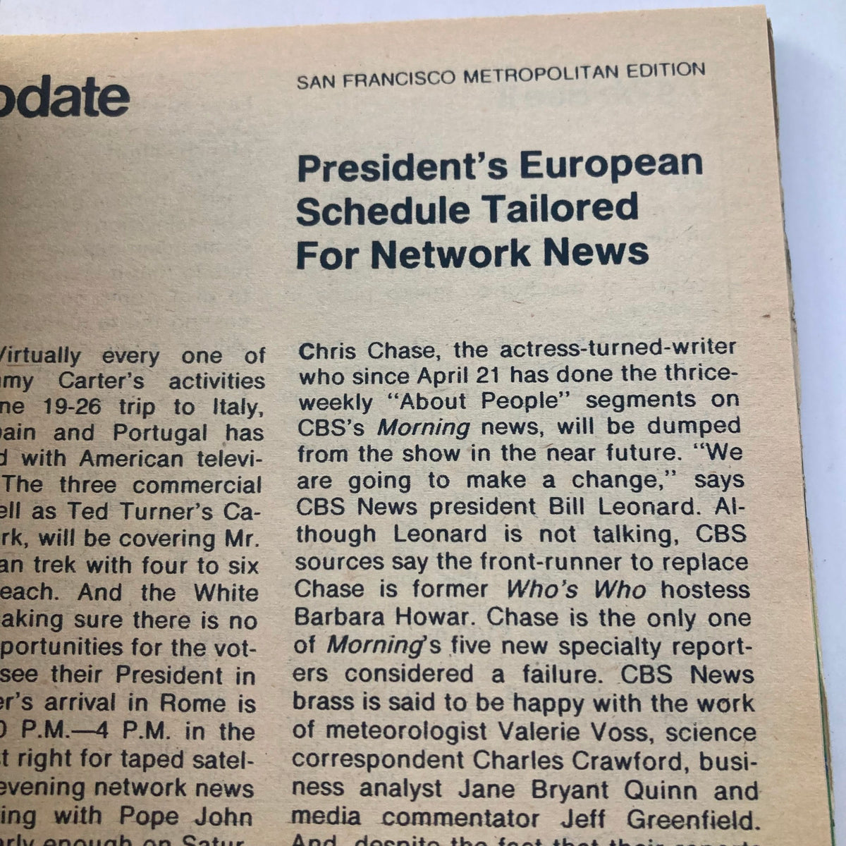 TV Guide Magazine June 21 1980 featuring an article titled 'President's European Schedule Tailored For Network News.' The San Francisco Metropolitan Edition covers events surrounding President Jimmy Carter's activities in Europe, including news about CBS's Morning and changes in its presenters.