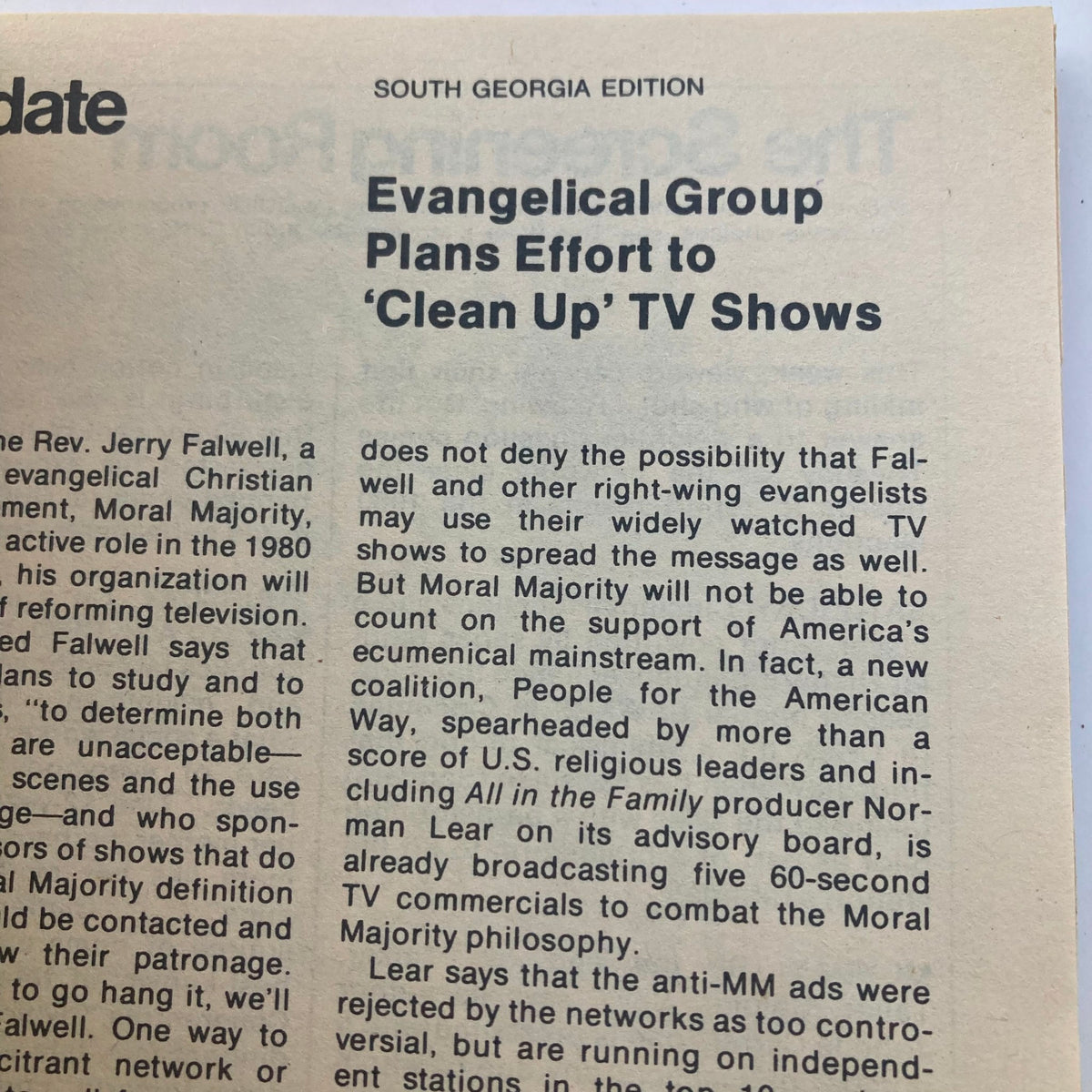 An article from the South Georgia edition discussing an evangelical group's efforts, led by Jerry Falwell, to clean up TV shows and influence television programming through the Moral Majority philosophy.