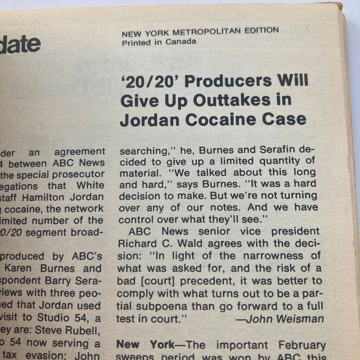 Inside page from TV Guide Magazine March 15 1980 discussing a news segment on ABC's 20/20, detailing producers' decisions regarding outtakes in the Jordan cocaine case.