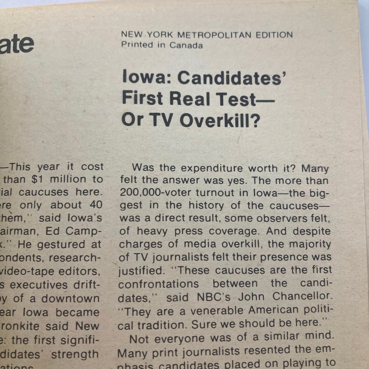 Interior page of the TV Guide Magazine dated February 2, 1980 discussing the Iowa caucuses, representing a historical perspective on TV media coverage during a pivotal political event.