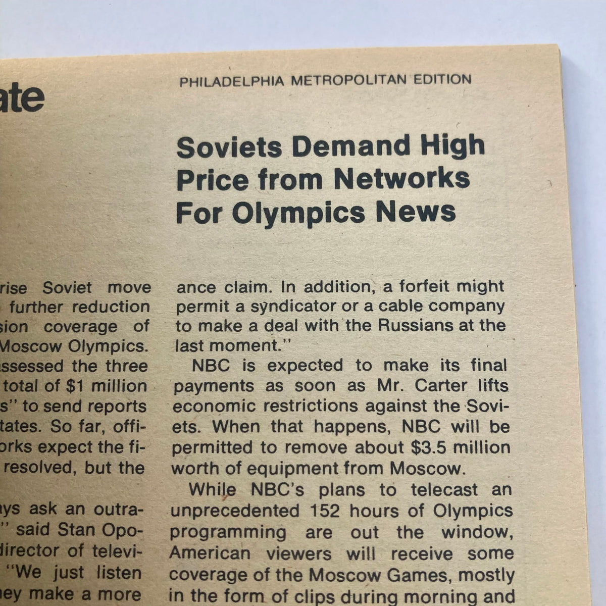 Philadelphia Metropolitan Edition of TV Guide Magazine July 6 1980 discussing Soviet demands for Olympics news coverage.