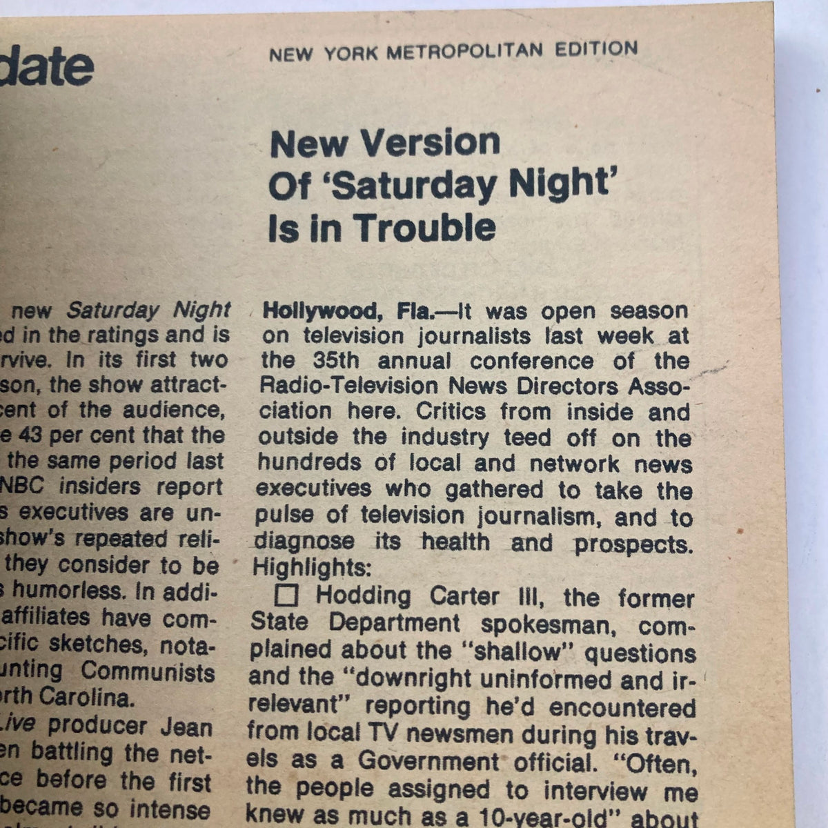 Inside page of TV Guide Magazine December 20, 1980, featuring an article titled 'New Version Of 'Saturday Night' Is in Trouble' discussing television journalism and the ratings of the new show.