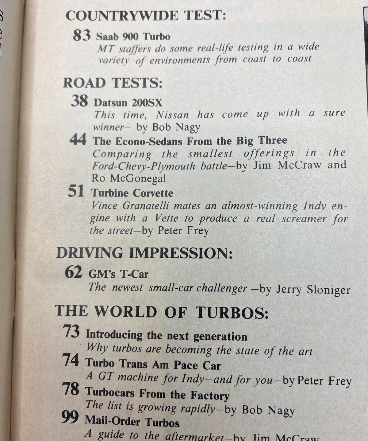 Contents page of VTG Motor Trend Magazine November 1979 listing articles on Saab 900 Turbo, Datsun 200SX, and insights on turbo technology.