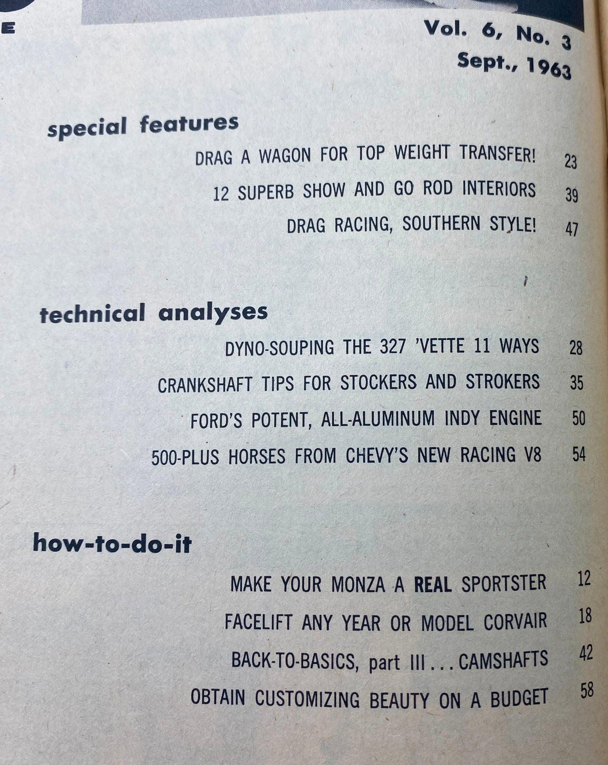 Table of contents from Vintage Cars Magazine September 1963, detailing special features and technical analyses, including 'Make Your Monza a Real Sportster'.