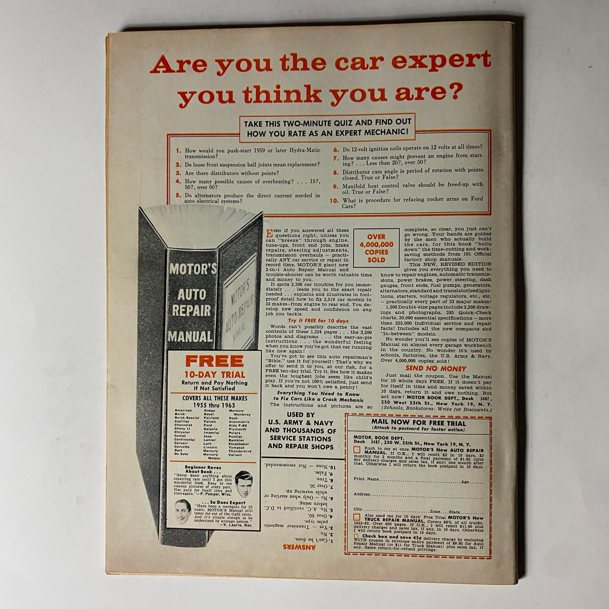 Back cover of VTG Cars Magazine July 1963 with a quiz about car expertise and a promotion for Motor's Auto Repair Manual, highlighting its usage by the U.S. Army and service stations.