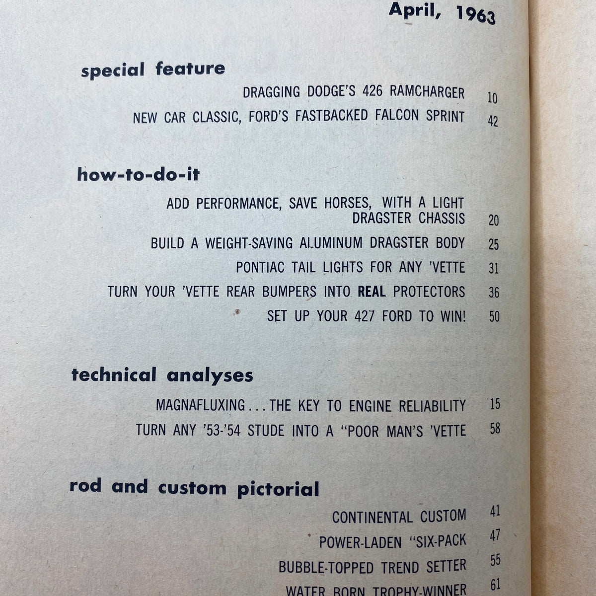 Inside page of VTG Cars Magazine April 1963 showcasing table of contents including articles like 'Dragging Dodge's 426 Ramcharger' and 'Add Performance, Save Horses with a Light Dragster Chassis'. This page highlights the magazine's focus on automotive culture and technical analyses.