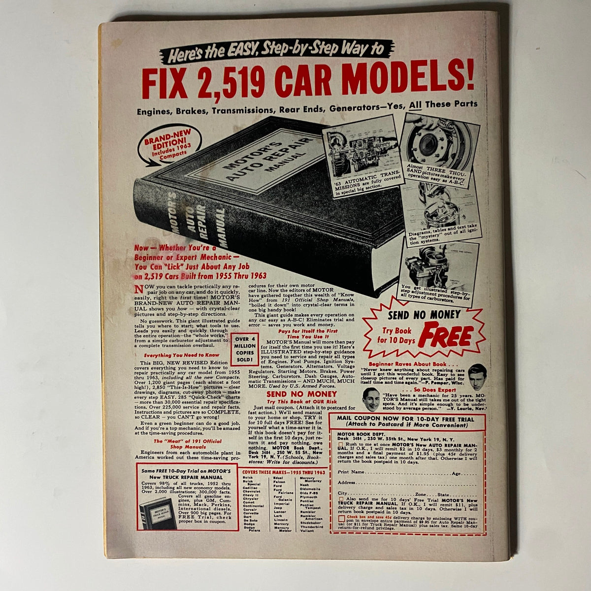 Back cover of VTG Cars Magazine April 1963 featuring an advertisement for MOTOR'S AUTO REPAIR MANUAL. The ad promotes an easy guide to repair 2,519 car models, appealing to both beginner and expert mechanics.
