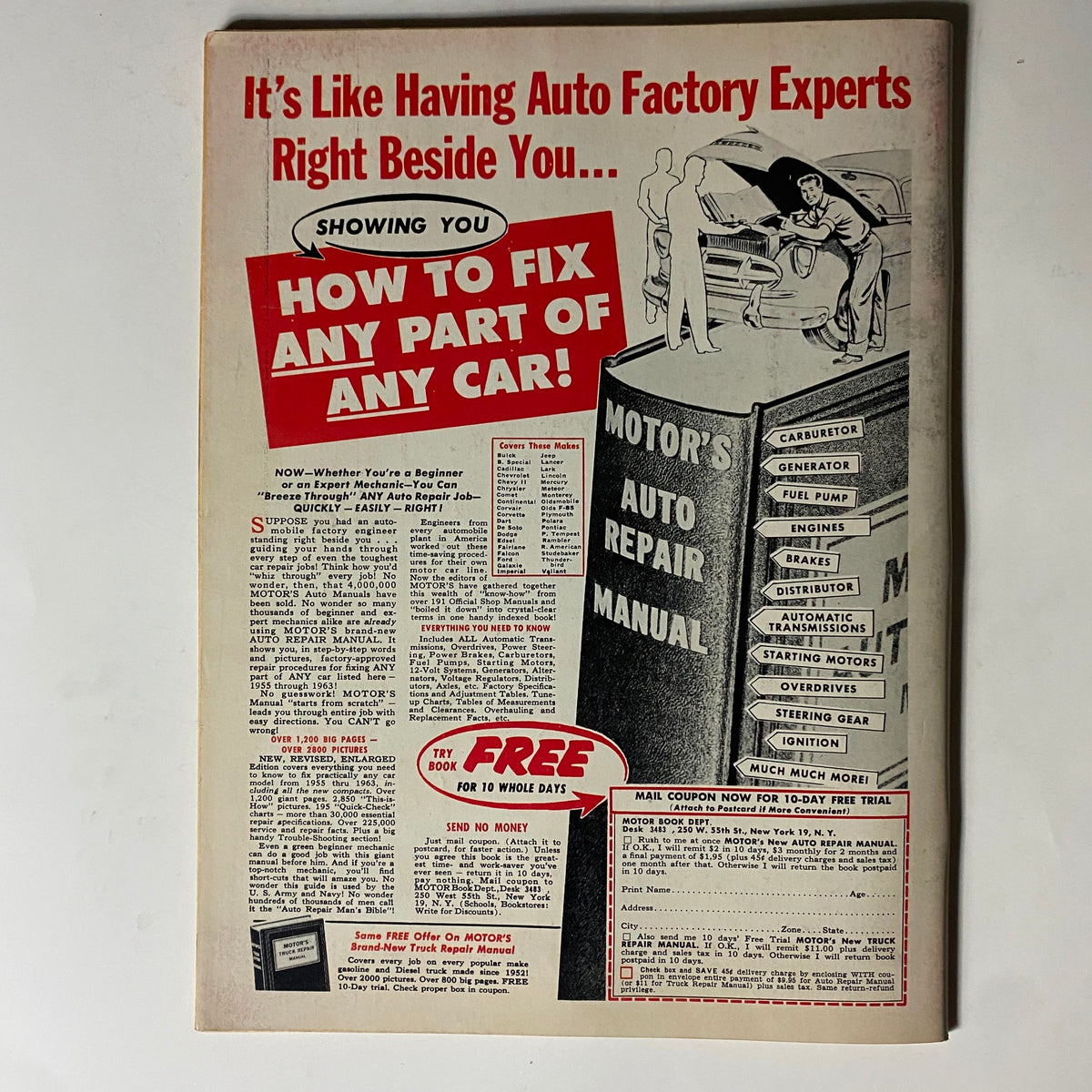 Advertisement page from VTG Cars Magazine March 1963 promoting Motor's Auto Repair Manual, emphasizing how to fix any part of any car.