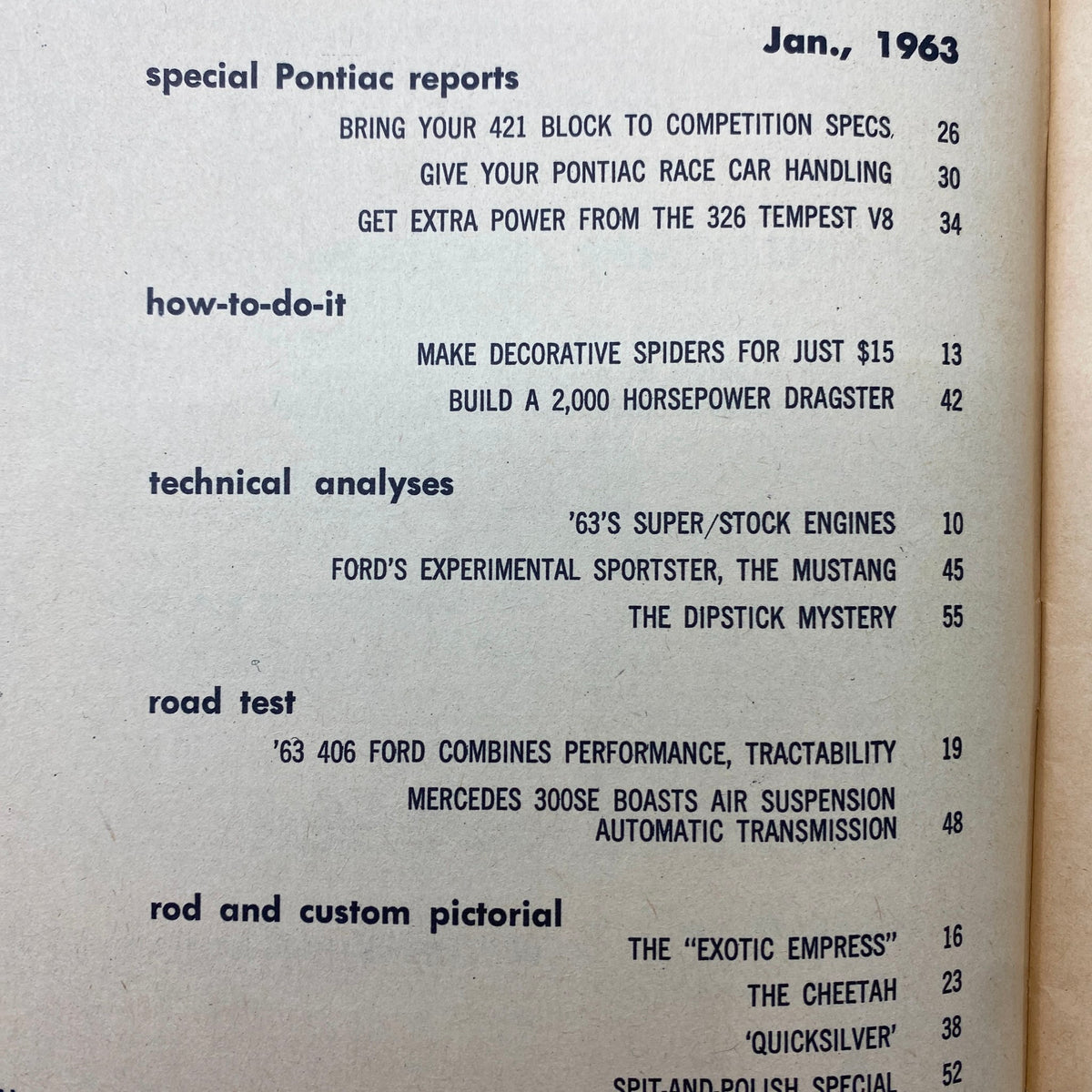 Table of contents from Vintage Cars Magazine January 1963 showcasing topics such as technical analyses on Ford's Experimental Sportster and Pontiac performance modifications.
