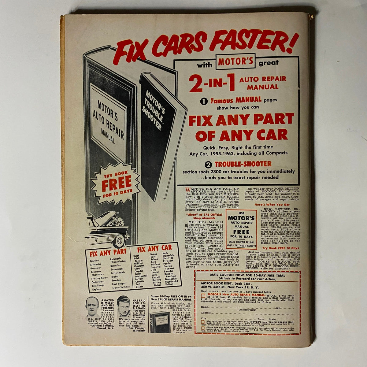 Back cover of Vintage Cars Magazine January 1963 promoting Motor's Auto Repair Manual with an advertisement on fixing cars faster.