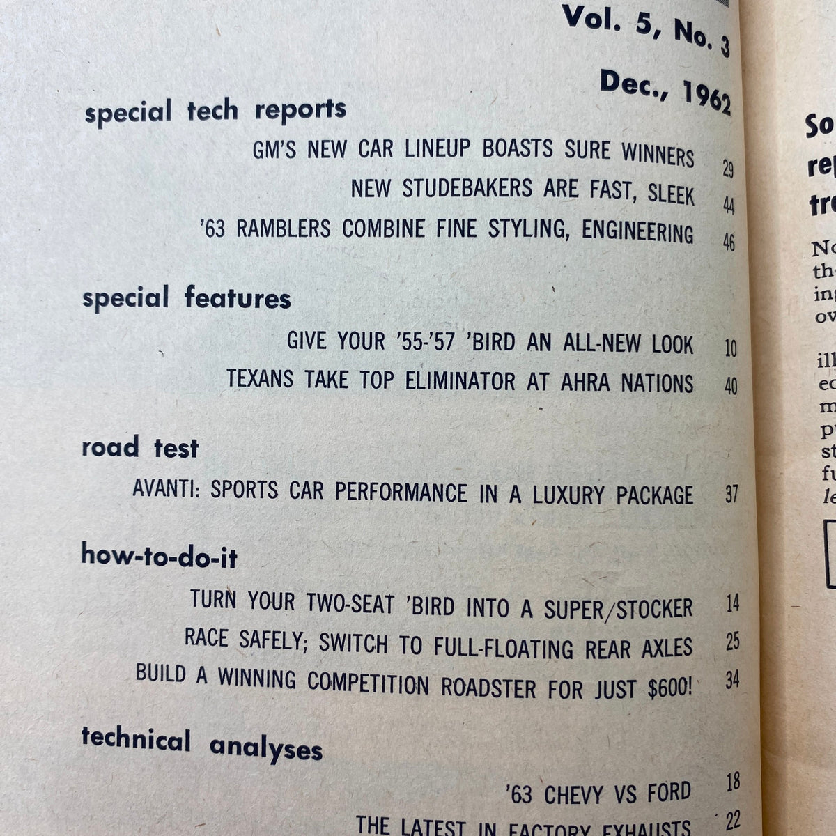 Inside page of VTG Cars Magazine December 1962 featuring contents list including the special features 'Give Your '55-'57 'Bird an All-New Look' and technical reports.