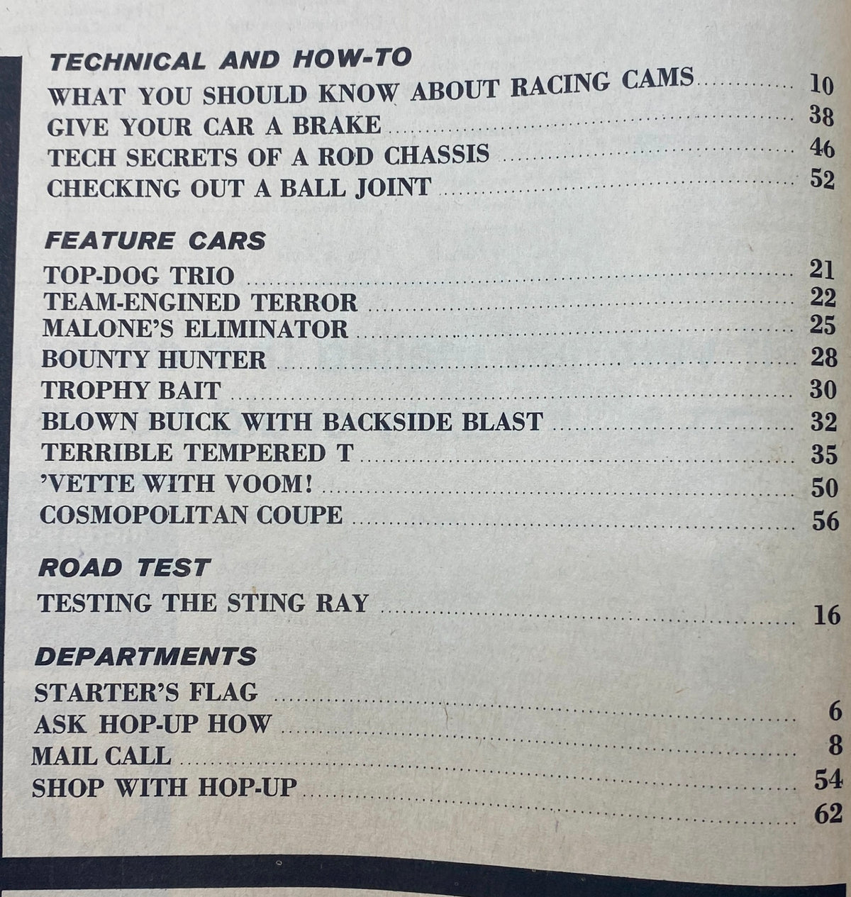 Table of contents from the VTG Hop-Up Magazine September 1963, outlining technical articles and feature cars, including titles like 'What You Should Know About Racing Cams' and 'Top-Dog Trio'.