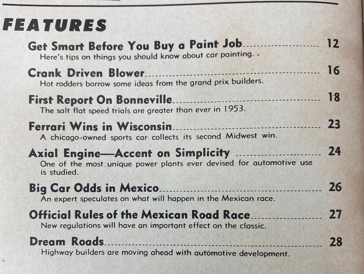Table of contents from VTG Motor World Magazine September 25, 1953, listing features including topics on car painting, Bonneville speed trials, and the Mexican Road Race.