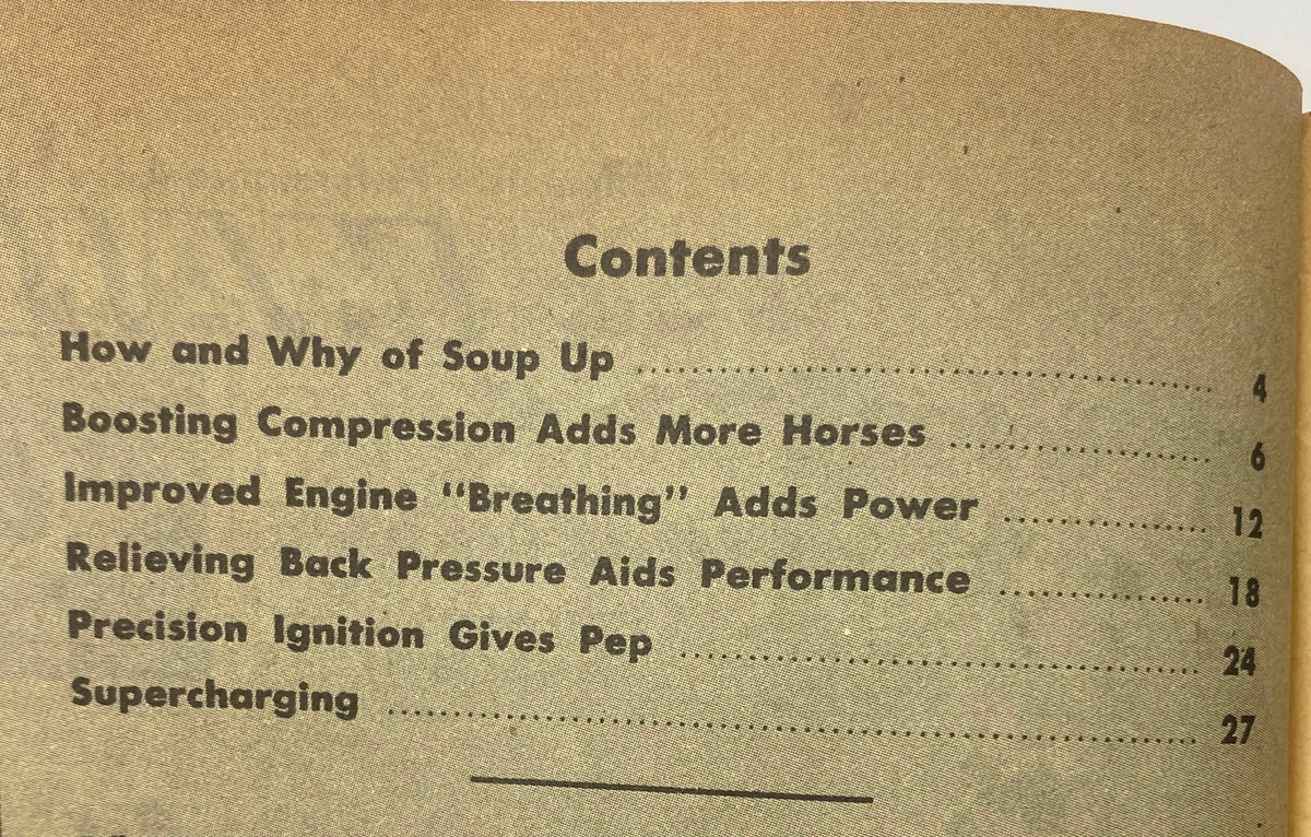 Contents page of the VTG How To Soup-Up Your Car magazine from Fall 1955, listing topics such as boosting compression, engine power improvement, and supercharging.