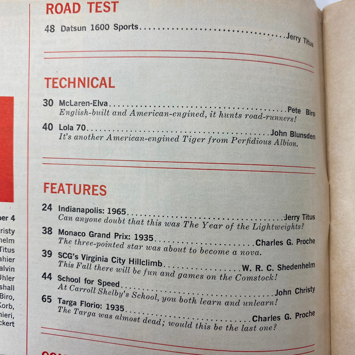 Interior page from VTG Sports Car Graphic Magazine August 1965, displaying the table of contents including technical details on the Lola 70 and features on notable racing events.