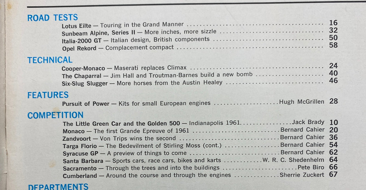 Table of contents from the VTG Sports Car Graphic Magazine August 1961, featuring road tests, technical specifications, and competition coverage, including the Lotus Elite GT Road Test.