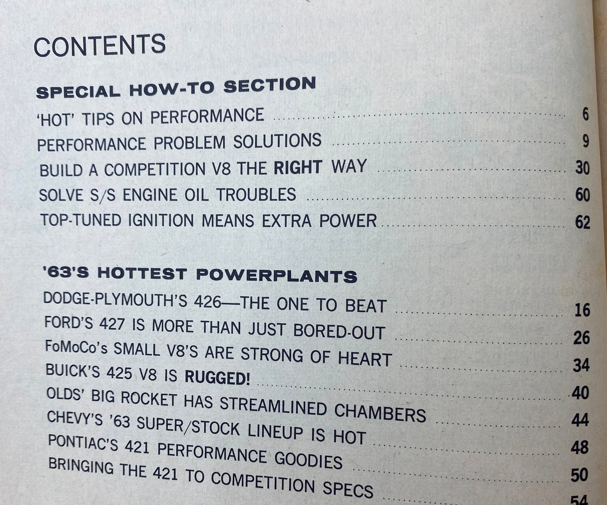 Contents page of the VTG Engines Magazine 1963, outlining special how-to sections and key articles on engine performance and powerplants.