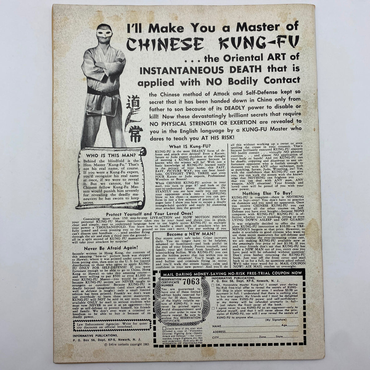 Vintage advertisement for Chinese Kung Fu training featuring a martial artist. Includes information about mastering Kung Fu, the concept of instant death without bodily contact, and a call to action for enrollment.