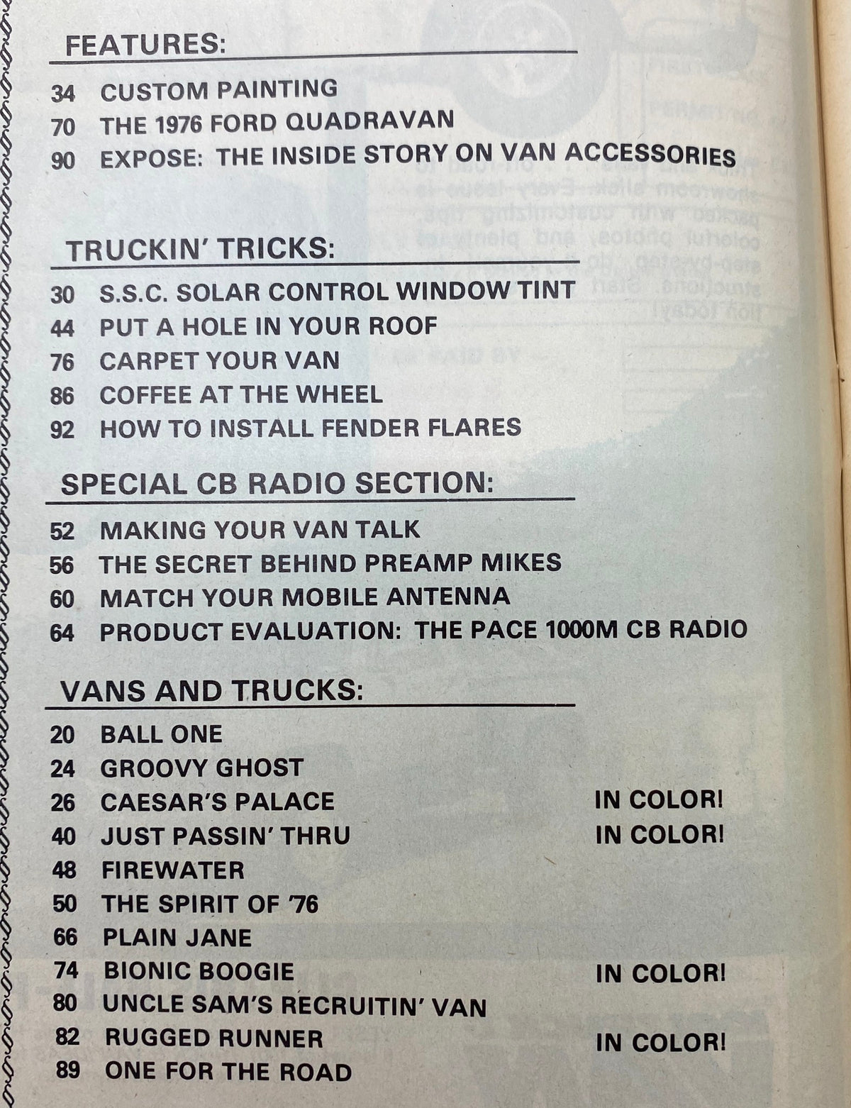 Table of contents from VTG 1001 Truck & Van Ideas Magazine, June 1976, listing features on custom painting, van accessories, and articles related to truck and van culture.
