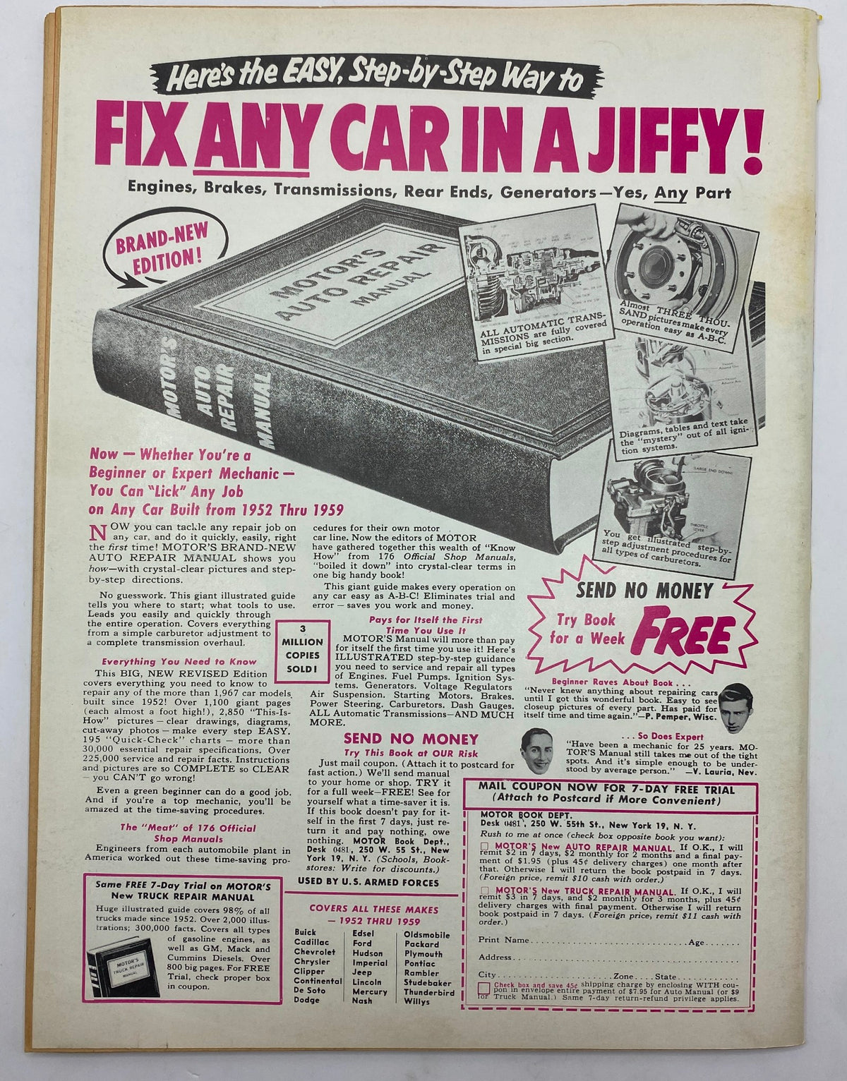 Advertisement from VTG Cars Magazine January 1960 Vol 1 No. 2 promoting the step-by-step MOTOR auto repair manual for fixing any car.