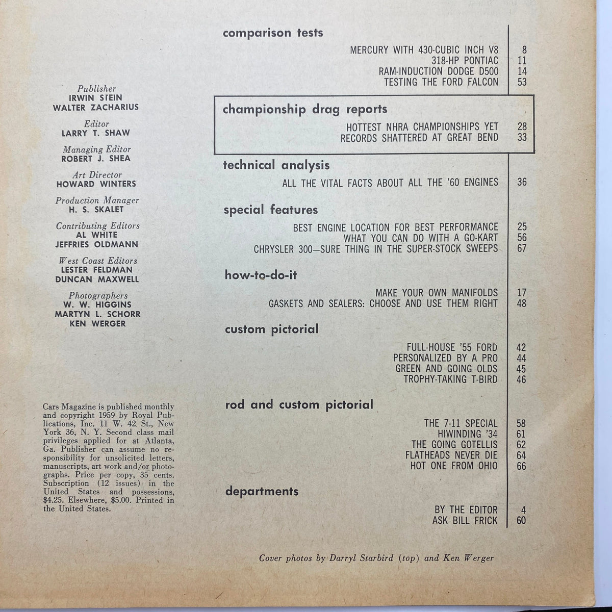 Table of contents from the December 1959 issue of Cars Magazine, showcasing articles on engine comparisons, championship drag reports, technical analysis, and special features.