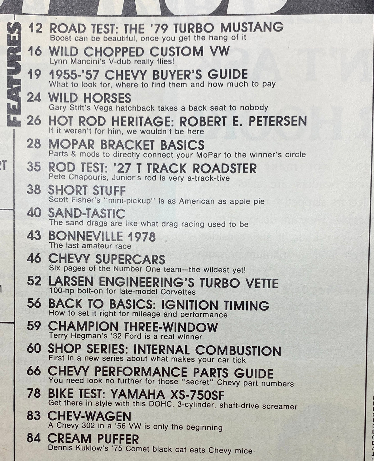 Contents page of VTG Hot Rod Magazine January 1979, featuring articles on Chevy Supercars, Turbo Mustang test, and buyer's guide for vintage Chevys.