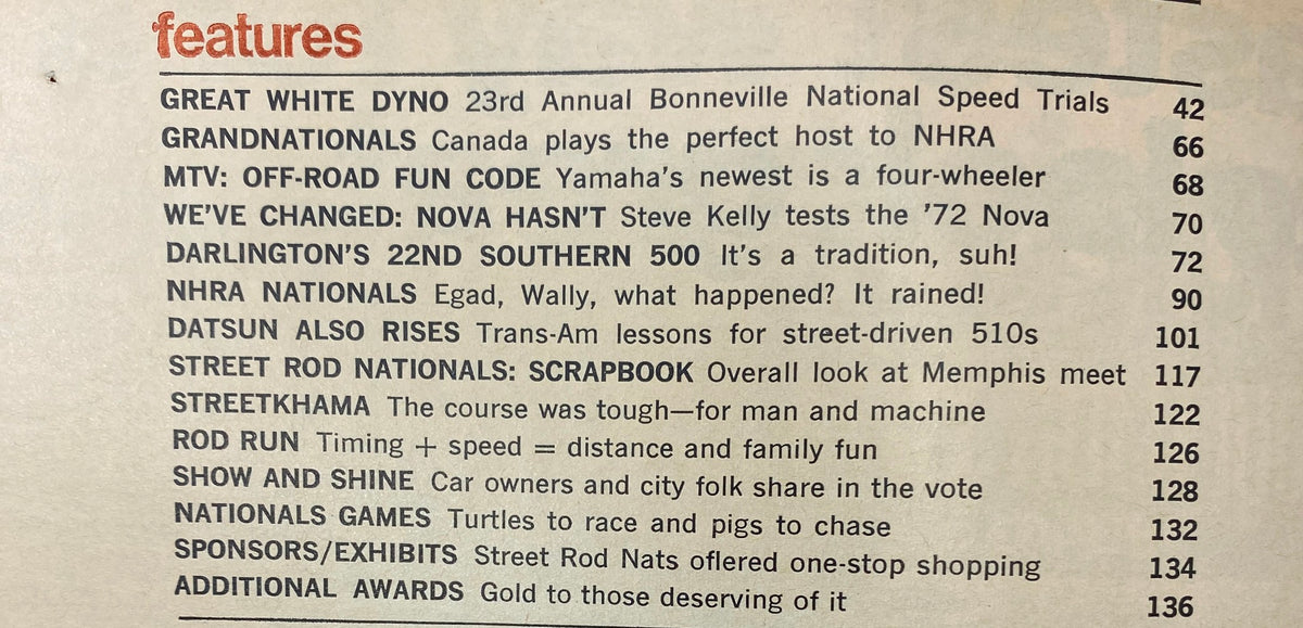 Features page from VTG Hot Rod Magazine November 1971 detailing articles including Bonneville National Speed Trials and insights on the 72 Nova.