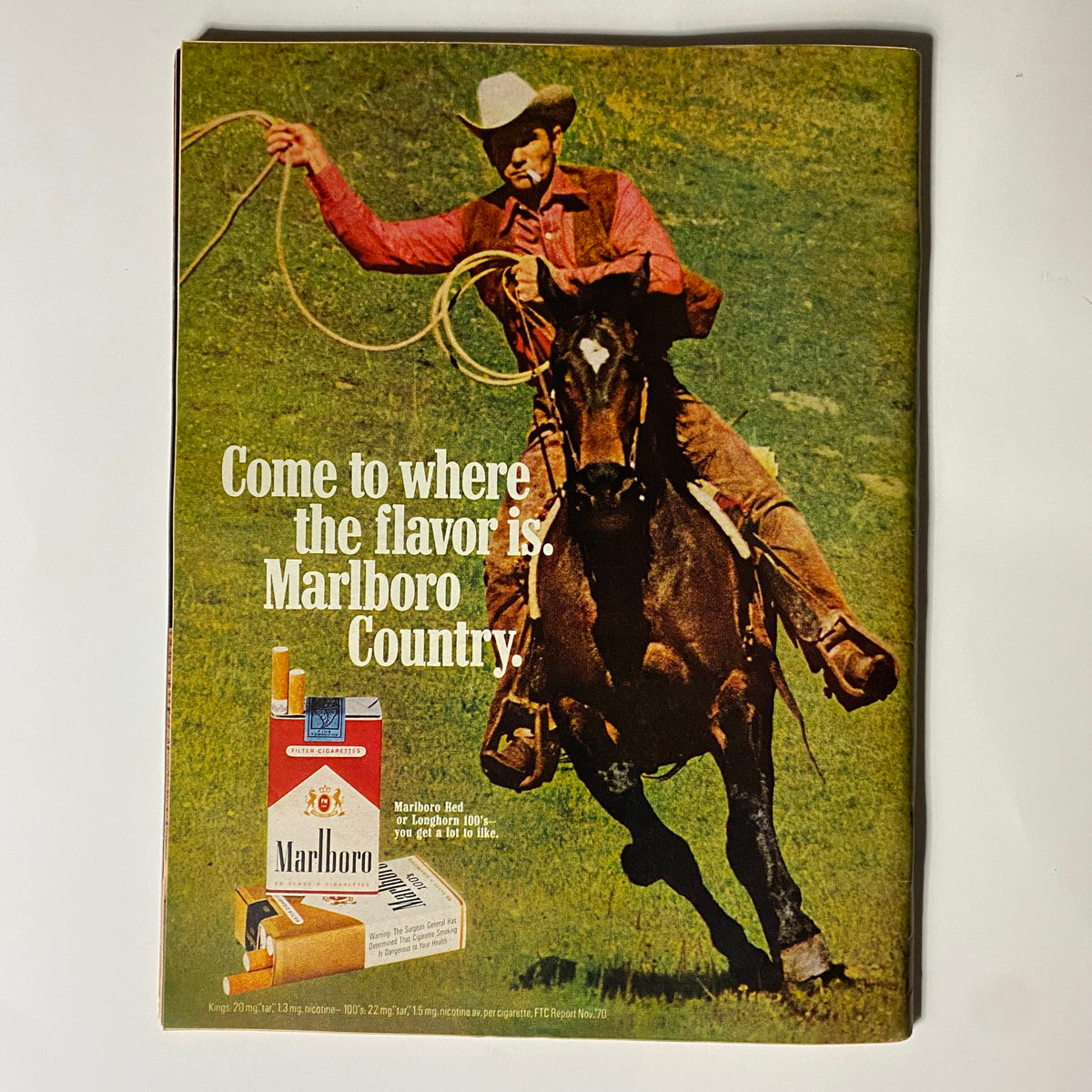 Back cover of VTG Hot Rod Magazine November 1971 featuring a nostalgic Marlboro advertisement with a cowboy and a horse.