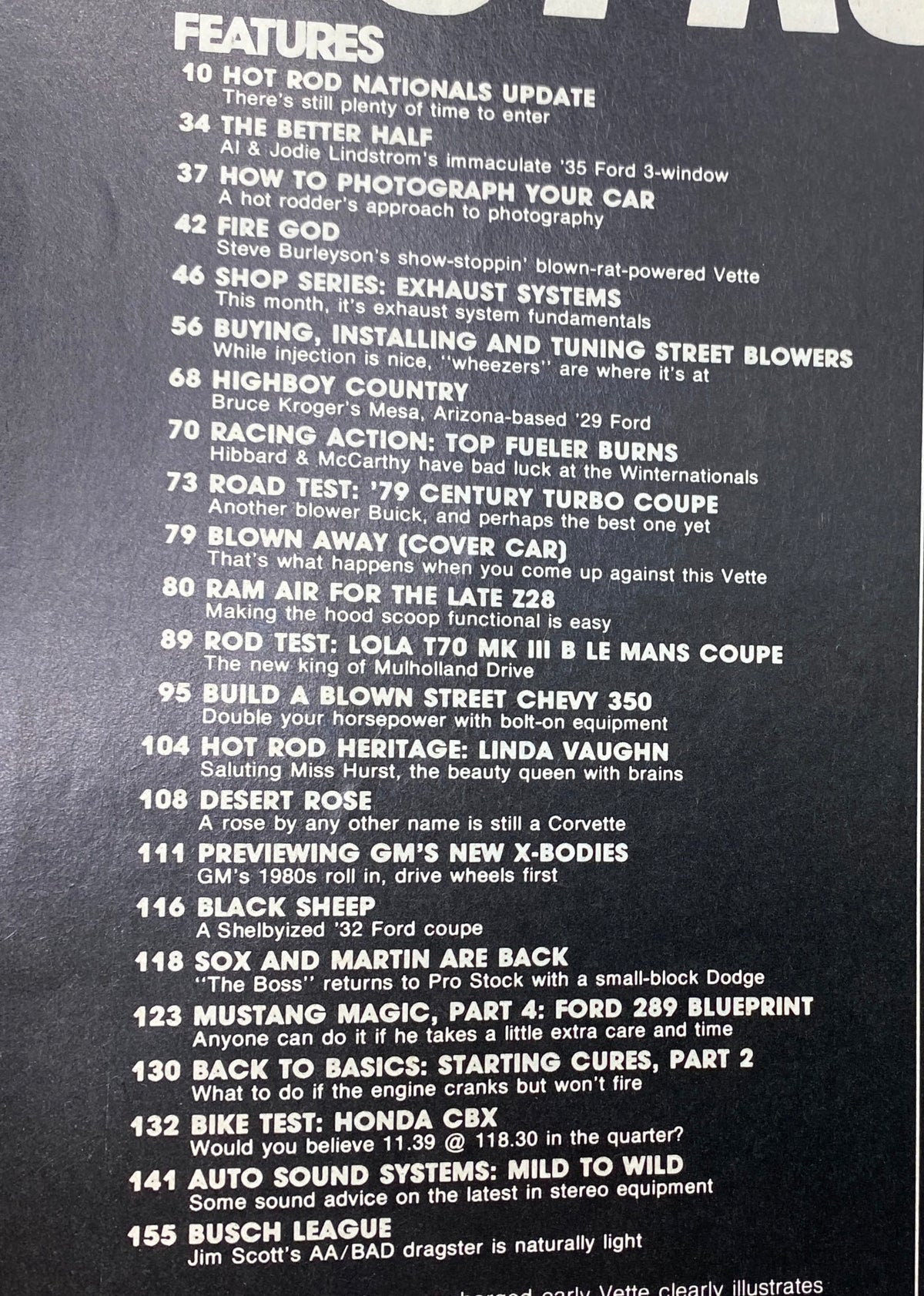 VTG Hot Rod Magazine May 1979 table of contents highlighting features such as buying, installing, and tuning street blowers, along with various automotive articles and updates.