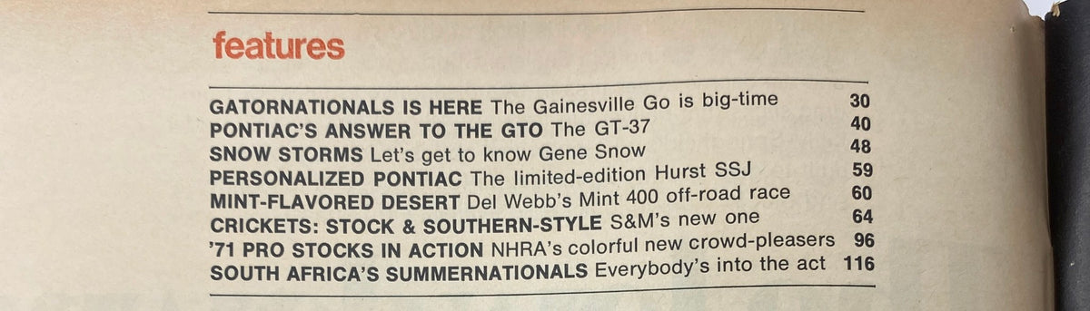 Features page from VTG Hot Rod Magazine June 1971, highlighting articles including Pontiac's answer to the GTO and other performance vehicle topics.