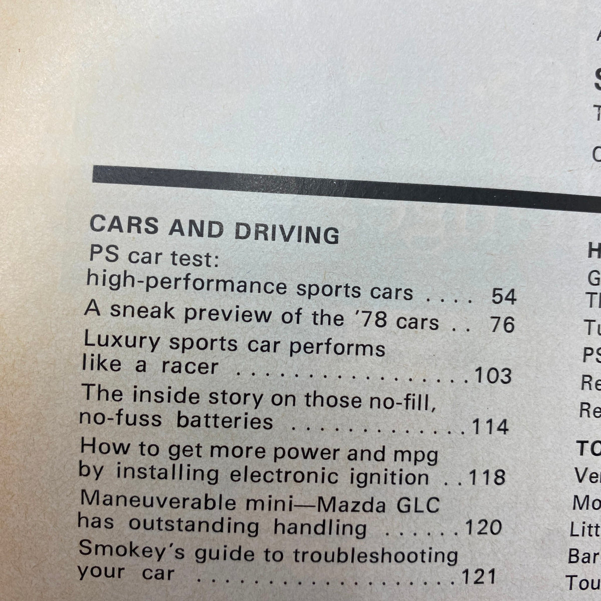 Table of contents from VTG Popular Science Magazine June 1977 listing sections on high-performance sports cars and automotive technology.
