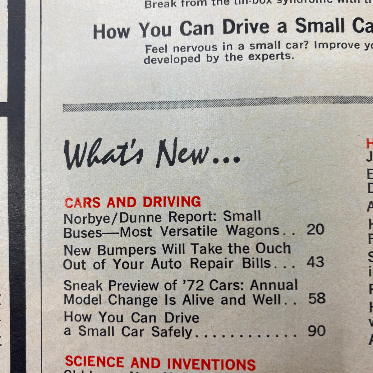 Contents page from VTG Popular Science Magazine July 1971 featuring articles like Norbye/Dunne Report on small buses and preview of '72 cars.
