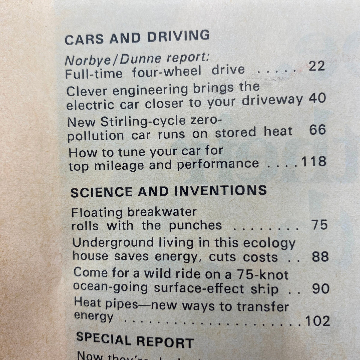 Contents page of the Popular Science Magazine June 1974, listing features on the Stirling-cycle auto engine, floating breakwaters, and ecological living solutions, emphasizing 1970s technological advancements.