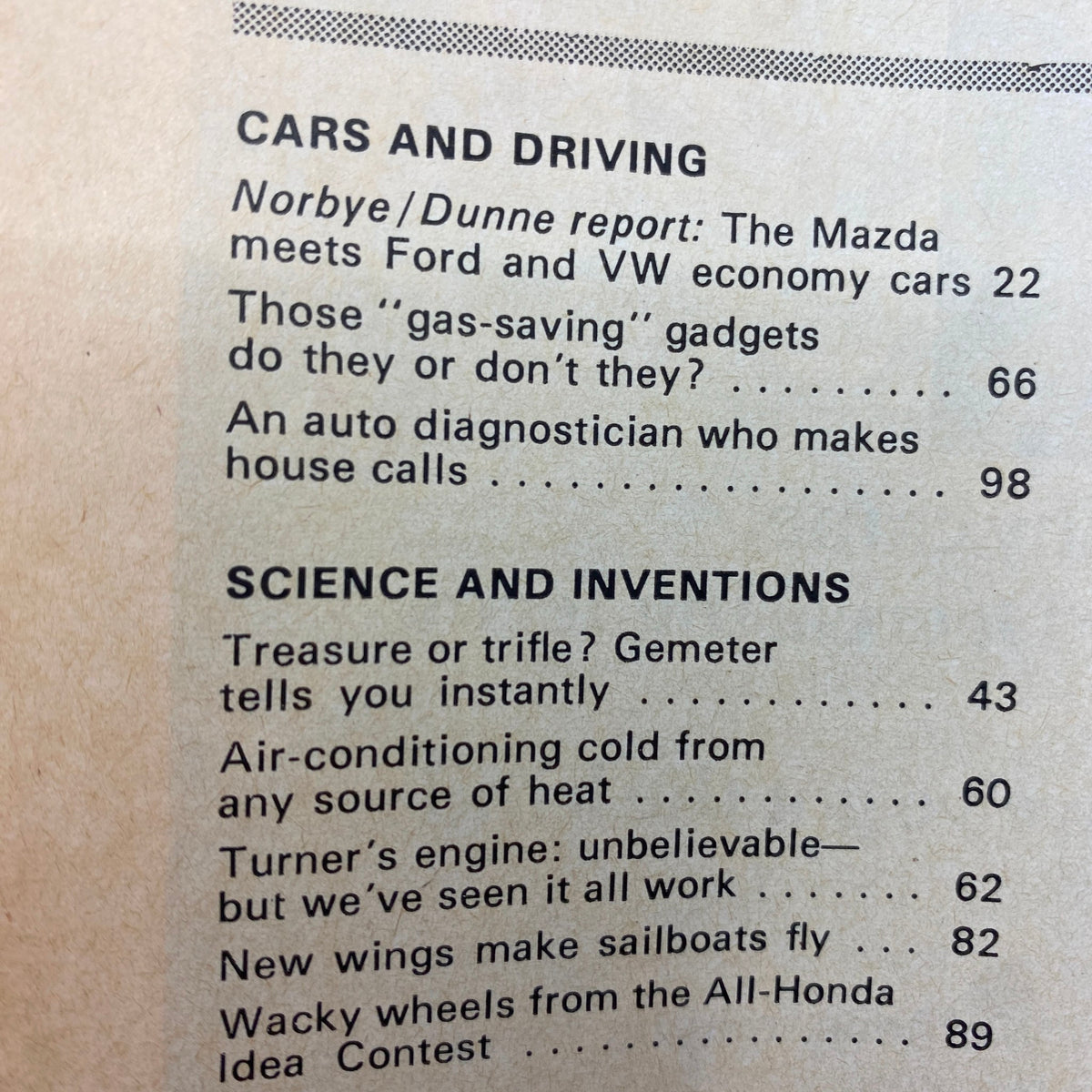 Table of contents from VTG Popular Science Magazine August 1974, highlighting articles on automotive performance and gas-saving devices.