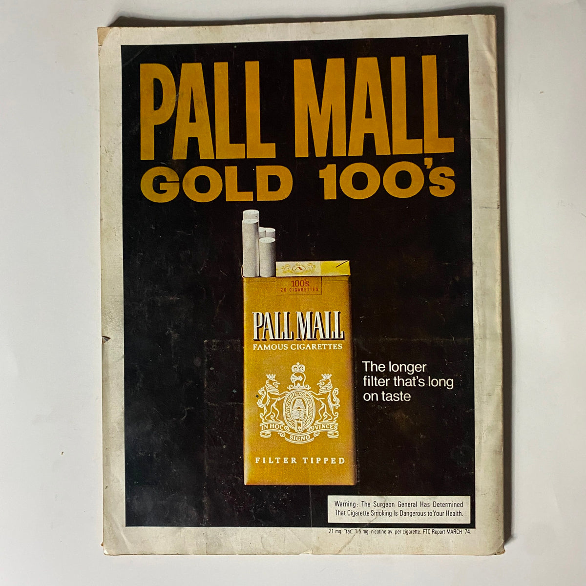 Advertisement for Pall Mall Gold 100's cigarettes featured in VTG Popular Science Magazine August 1974, showcasing the product's filter-tipped design.