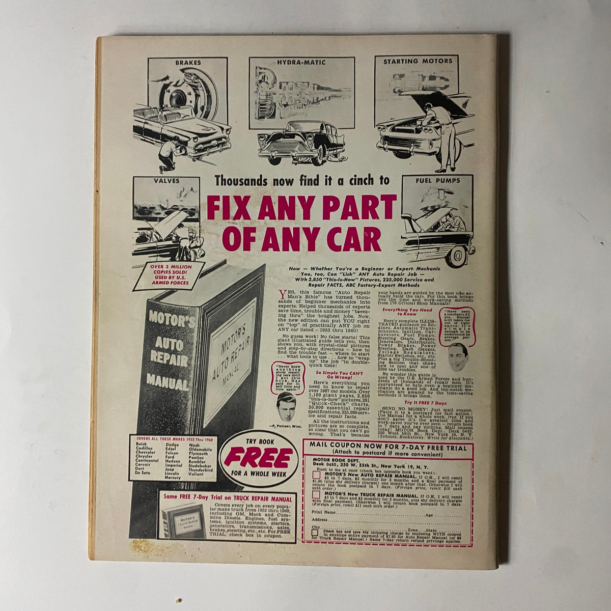 Vintage advertisement for automotive repair manual featured in VTG Cars Magazine May 1960. The ad promotes the ability to fix any part of any car, highlighting various car components like brakes and fuel pumps. This adds to the historical context of automotive culture in the 1960s.