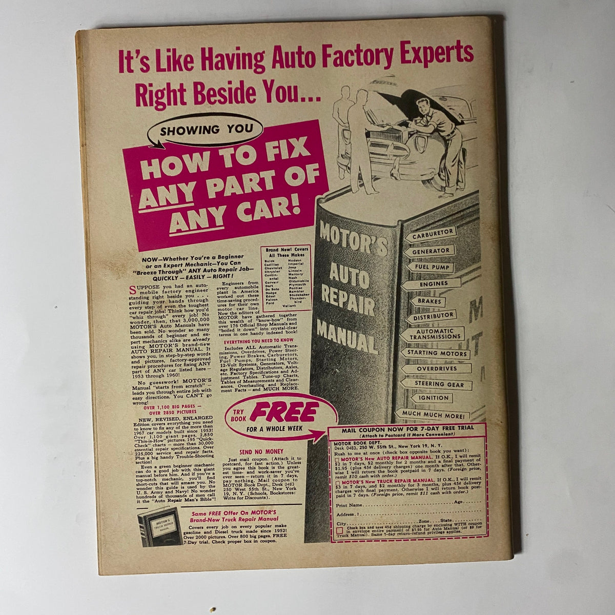 Back cover of VTG Cars Magazine, March 1960, advertising a popular auto repair manual, featuring illustrations and text about DIY car repair and maintenance.