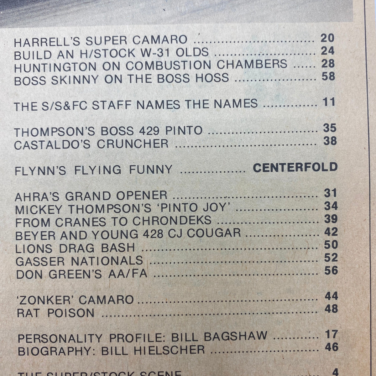 Editorial page from VTG Super Stock Magazine May 1969 featuring features including Harrell's Super Camaro, Build an H/Stock W-31 Olds, and Flynn's Flying Funny.