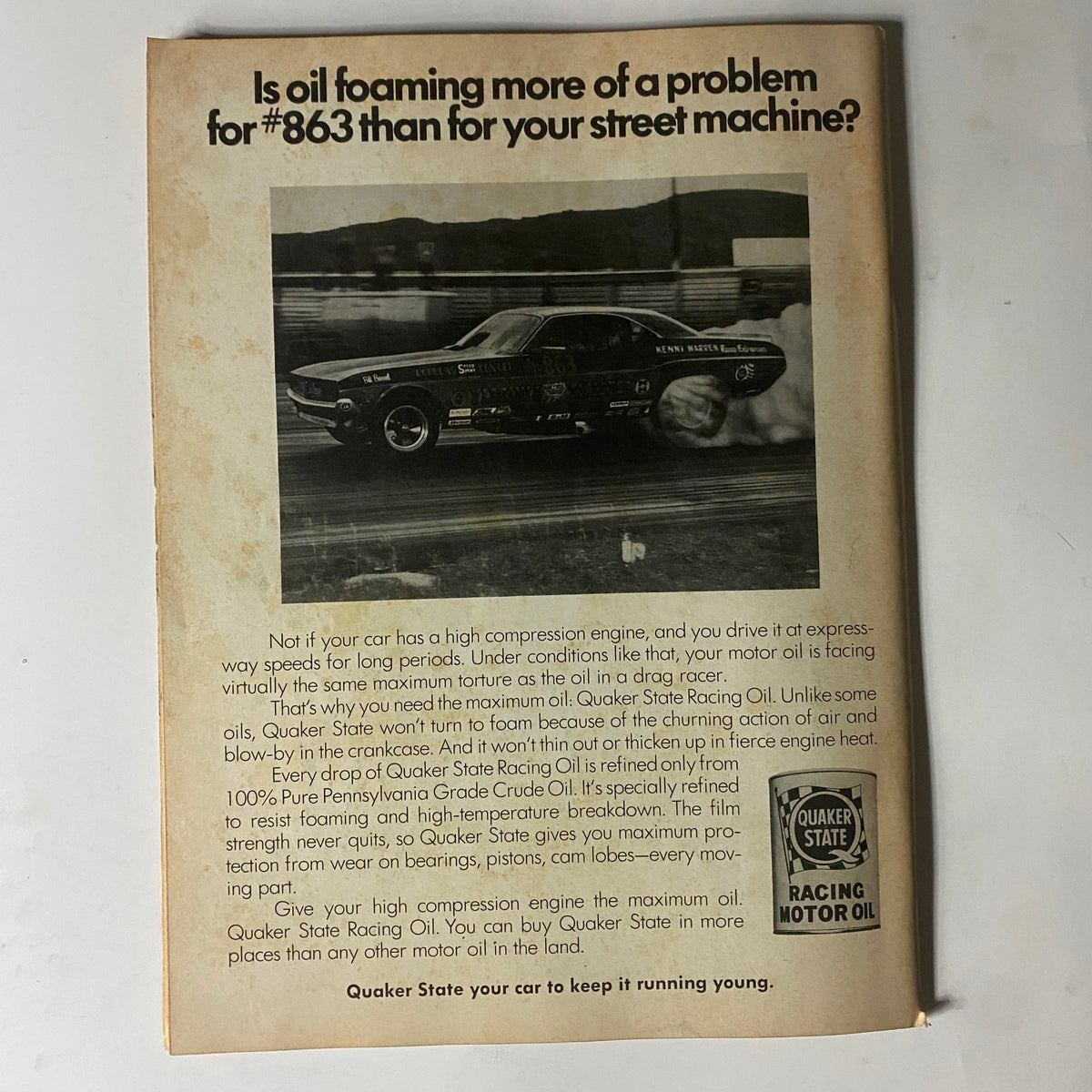 Advertisement from VTG Super Stock Magazine May 1969 for Quaker State Racing Oil, addressing oil foaming in high compression engines.