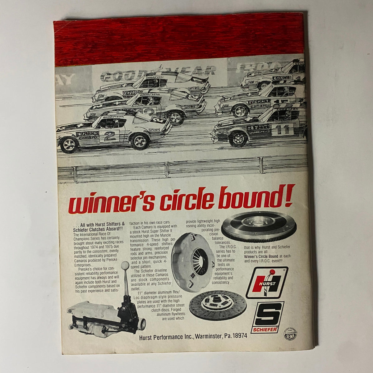 Ad page from VTG Super Stock & Drag Illustrated May 1976 magazine promoting Hurst and Schiefer clutches with race car illustration.