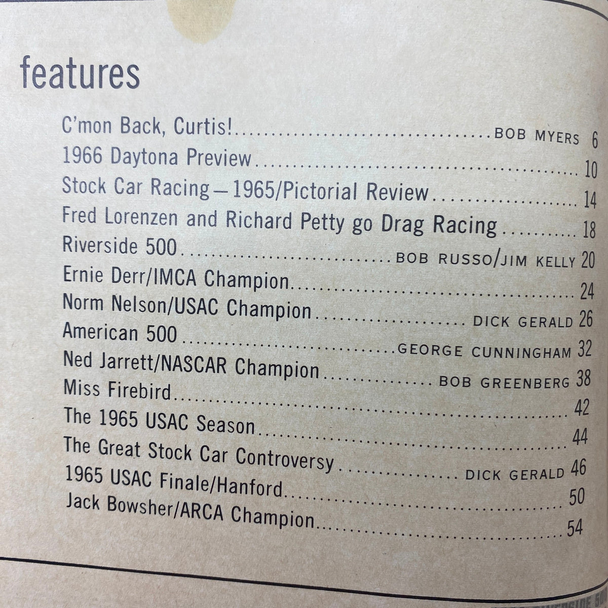Features page from Super Stock & Drag Racing May 1966 magazine listing articles including C'mon Back, Curtis! and 1966 Daytona Preview, highlighting significant events in motorsport.