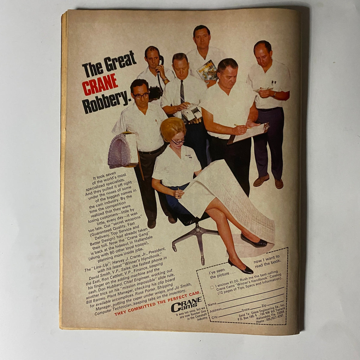 Super Street Cars Magazine October 1968 article titled 'The Great Crane Robbery', featuring a group of seven professionals discussing automotive engineering, showcasing vintage design and classic automotive culture.