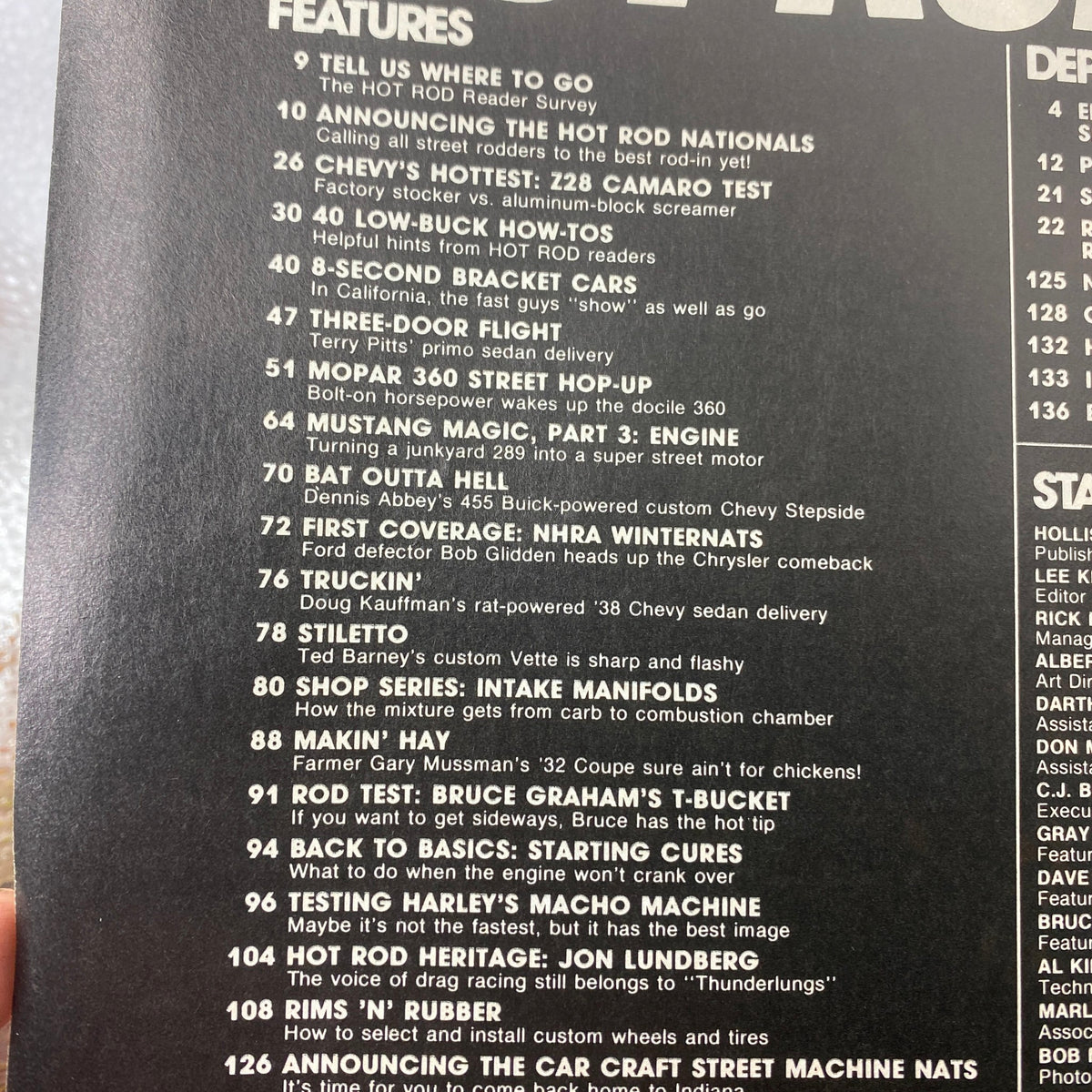 Inside page of VTG Hot Rod Magazine April 1979 detailing features such as low-buck how-tos, NHRA Winter Nationals coverage, and custom car builds including rims 'n' rubber guide.