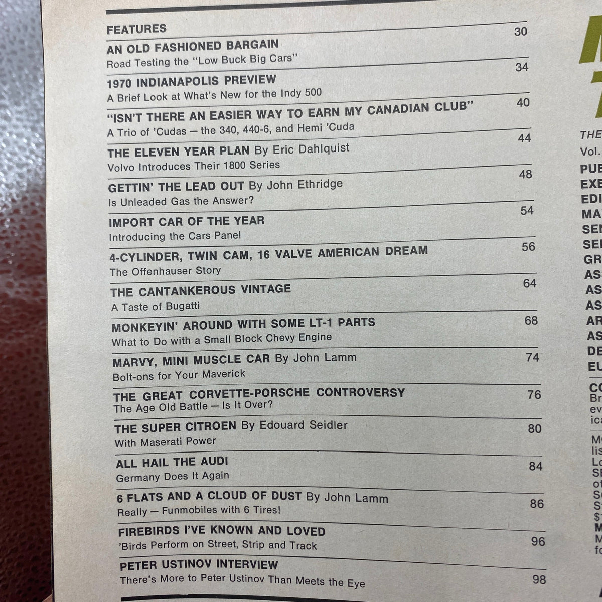 Table of contents from VTG Motor Trend Magazine May 1970 listing featured articles including 'AN OLD FASHIONED BARGAIN' and 'THE GREAT CORVETTE-PORSCHE CONTROVERSY'.